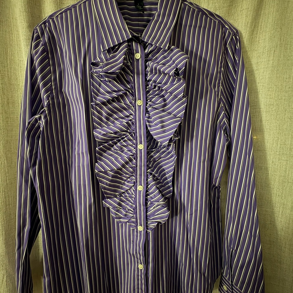 Lauren Ralph Lauren Purple and White Striped Ruffle-Front Dress Shirt
